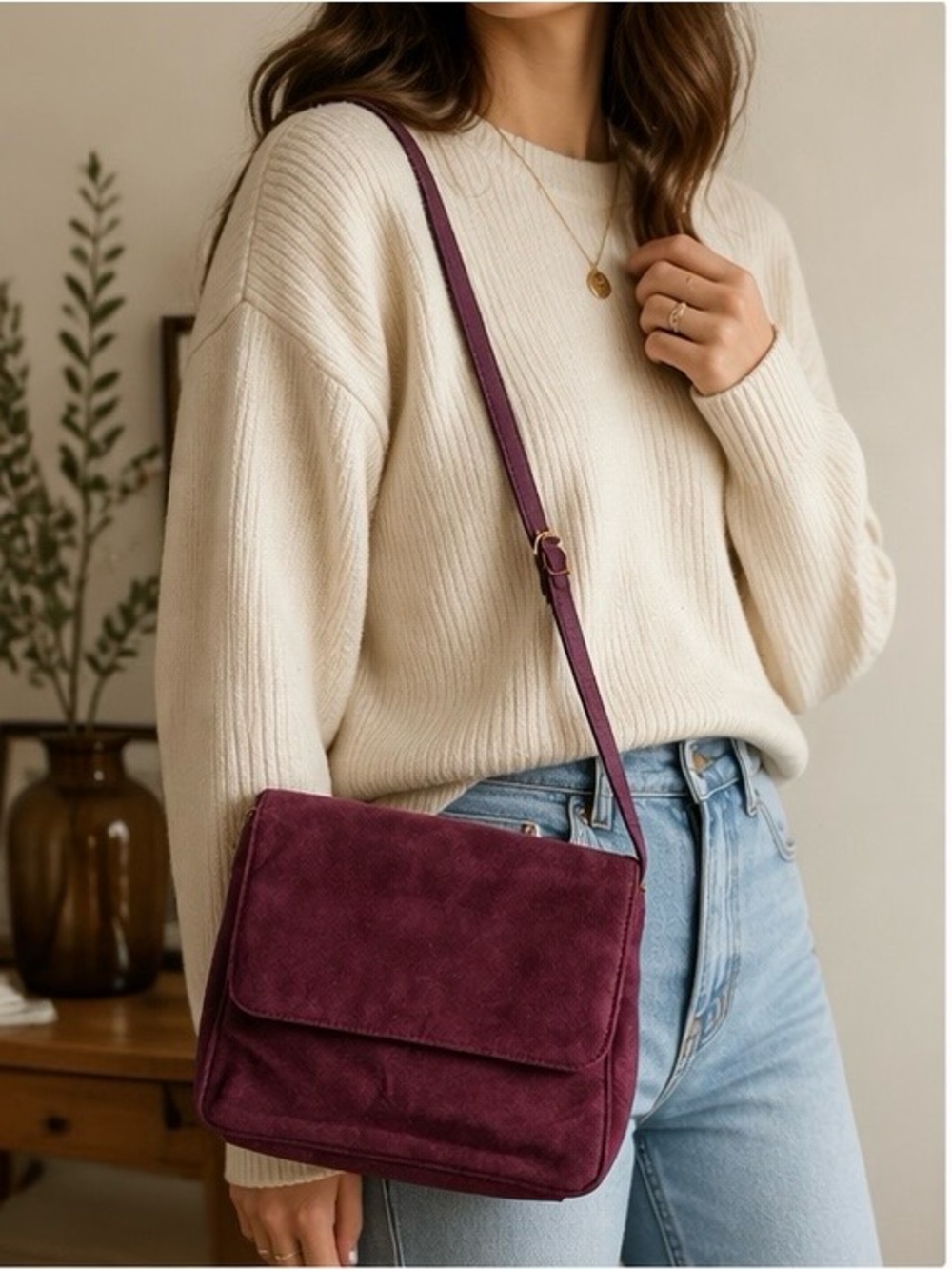 Vintage Suede Crossbody Bag Plum Purple 90s Minimalist Flap Specialty collection